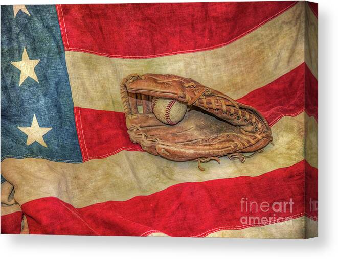 Baseball Glove And Ball On Us Flag Canvas Print featuring the photograph Baseball Glove and Ball on US Flag by Randy Steele