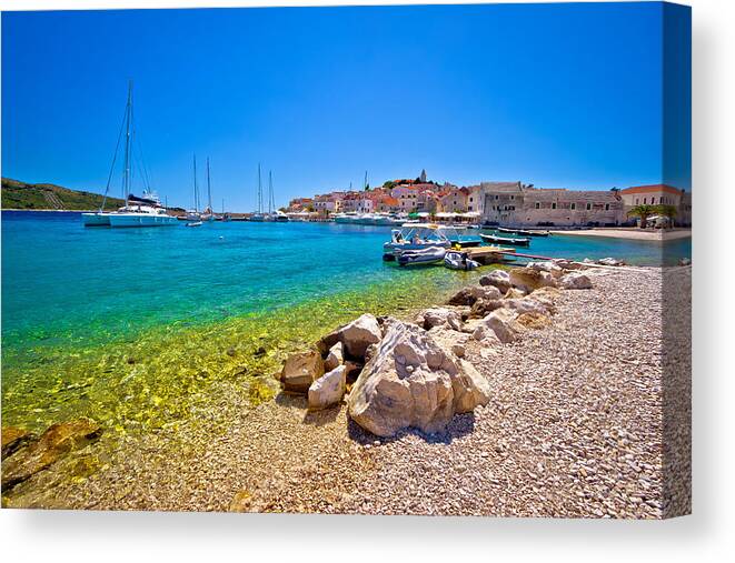 Croatia Canvas Print featuring the photograph Beach of Adriatic town Primosten by Brch Photography