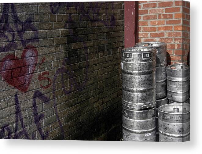Beerkegs Canvas Print featuring the photograph Beer Keggs and Graffiti by DArcy Evans