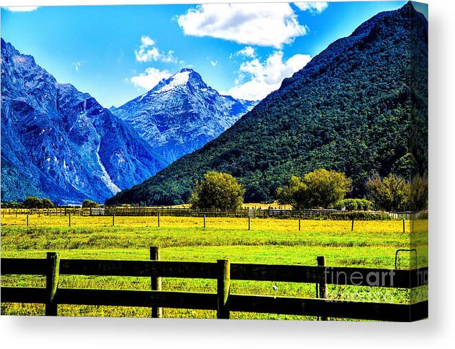 New Zealand Mountains And Fields Landscapes Canvas Print featuring the photograph Beyond the Fence by Rick Bragan