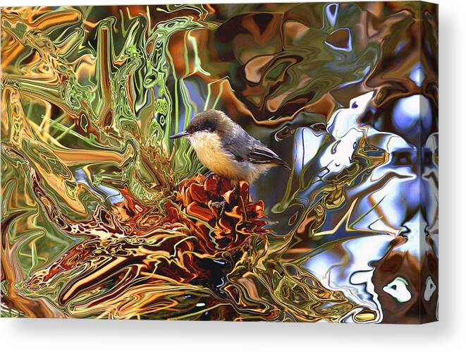 Bird Pinecone Pine Tree Green Blue Cloudy Grass Sky Rain Snow Hills Mountain Elk Deer Color Painting Camera Digtal Water Color Nature Canvas Landscape Canvas Print featuring the photograph Bird On A Pinecone by James Steele