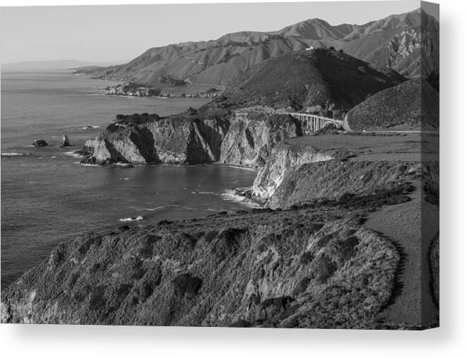 Highway 1 Canvas Print featuring the photograph Bixbie Bridge Black and White with Coastline by John McGraw