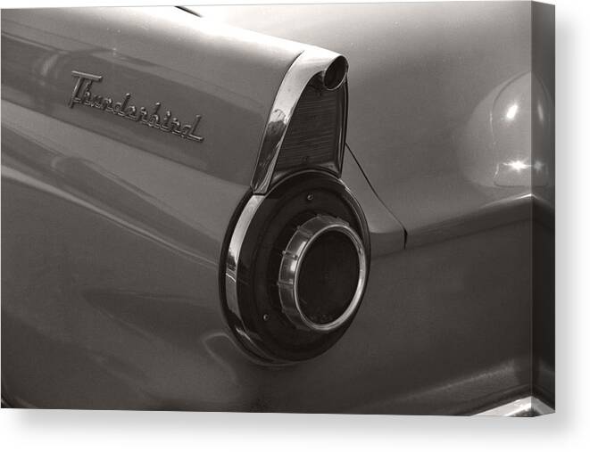 Black And White Photography Canvas Print featuring the photograph Black and White Thunderbird Tail Fin by Heather Kirk