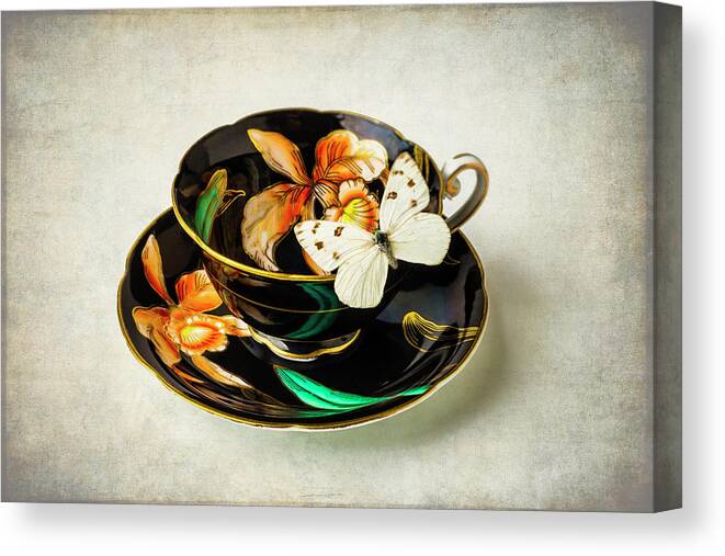 Colorful Canvas Print featuring the photograph Black tea Cup And White Butterfly by Garry Gay