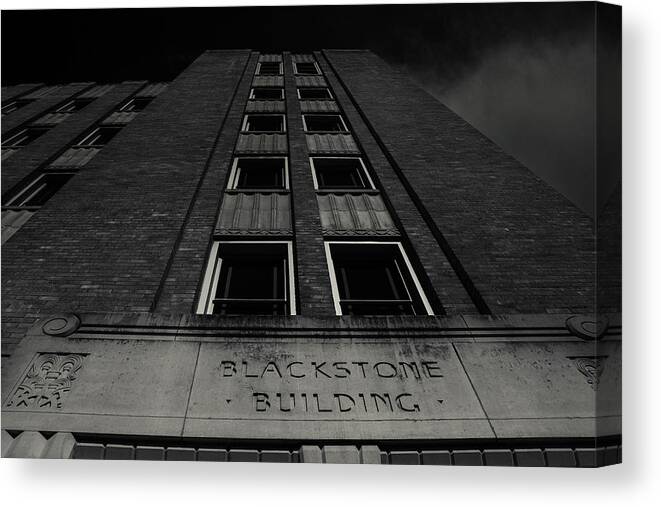 Tyler Texas City Canvas Print featuring the photograph Blackstone Building Downtown Tyler BNW by Eugene Campbell