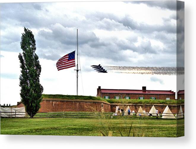 Fort Mchenry Canvas Print featuring the photograph Blue Angels Fly Over Fort Mc Henry 2014 by Wayne Higgs