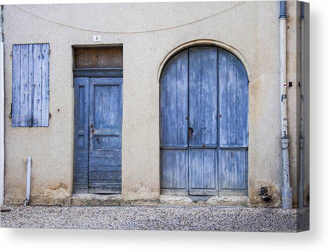 Three Canvas Print featuring the photograph Blue Door Trio by Georgia Clare