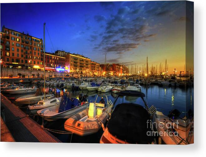 Yhun Suarez Canvas Print featuring the photograph Blue Hour At Port Nice 1.0 by Yhun Suarez