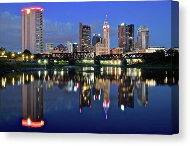 Columbus Canvas Print featuring the photograph Blue Hour on the Scioto by Frozen in Time Fine Art Photography