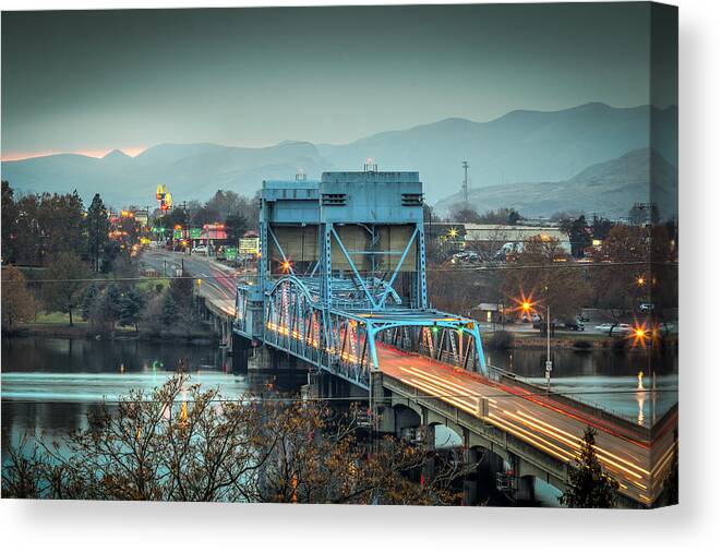 Lewiston Idaho Id Clarkston Washington Wa Lc-valley Lc Valley Pacific Northwest Palouse Blue Interstate Bridge Snake River Dusk Long Exposure Nice Canon Headlights Taillights Cars Dreary Day Canvas Print featuring the photograph Blue Interstate Bridge by Brad Stinson