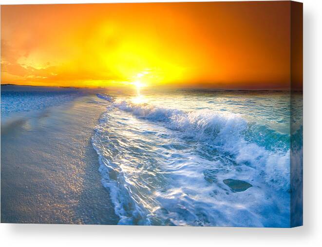 Red Sunrise Canvas Print featuring the photograph Blue Ocean Landscape Wave Photography Red Surise by Eszra Tanner