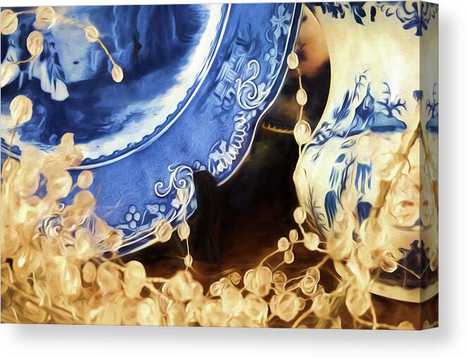 Digital Painting Canvas Print featuring the painting Blue Vintage Plate by Bonnie Bruno
