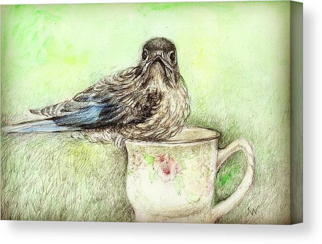 Bluebird Canvas Print featuring the mixed media Bluebird with Teacup by AnneMarie Welsh