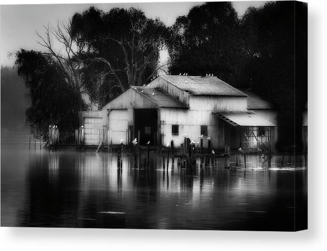 Watkins Glen Canvas Print featuring the photograph Boathouse bw by Bill Wakeley