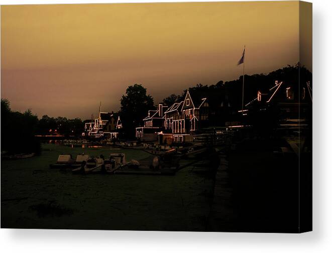Boathouse Canvas Print featuring the photograph Boathouse Row from the Lagoon before Dawn by Bill Cannon
