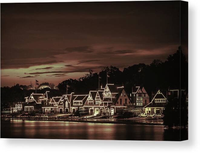 Terry D Photography Canvas Print featuring the photograph Boathouse Row Philadelphia Pa Night Retro by Terry DeLuco