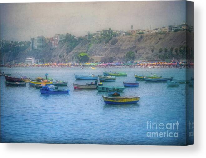 Fishing Boats Canvas Print featuring the photograph Boats in Blue Twilight - Lima, Peru by Mary Machare