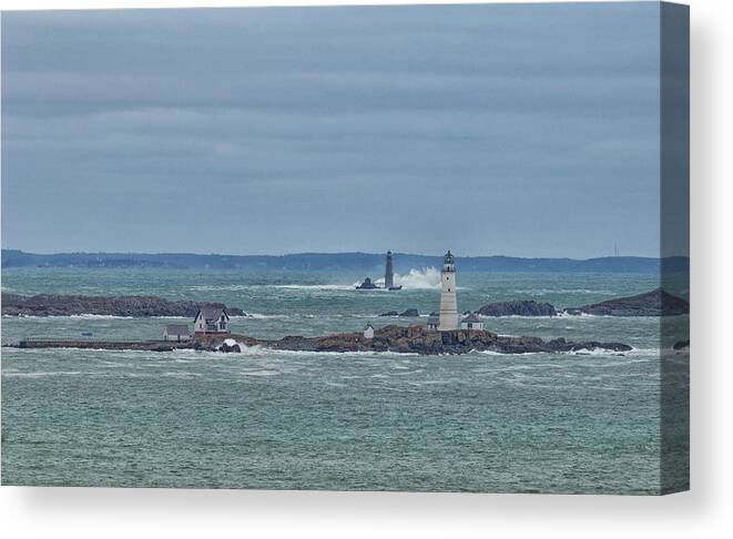 Boston Canvas Print featuring the photograph Boston and Graves Lighthouses Waves by Brian MacLean