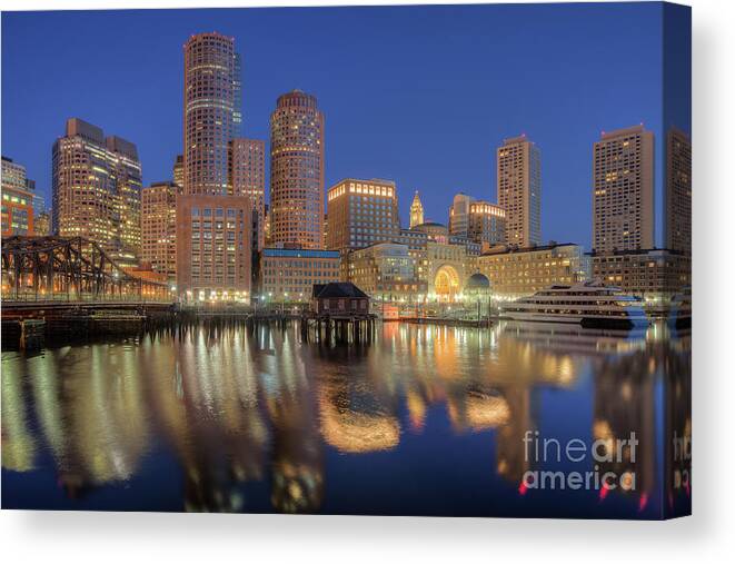 Clarence Holmes Canvas Print featuring the photograph Boston Harbor and Skyline Morning Twilight V by Clarence Holmes