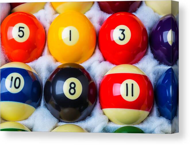 Pool Canvas Print featuring the photograph Box Of Pool Balls by Garry Gay