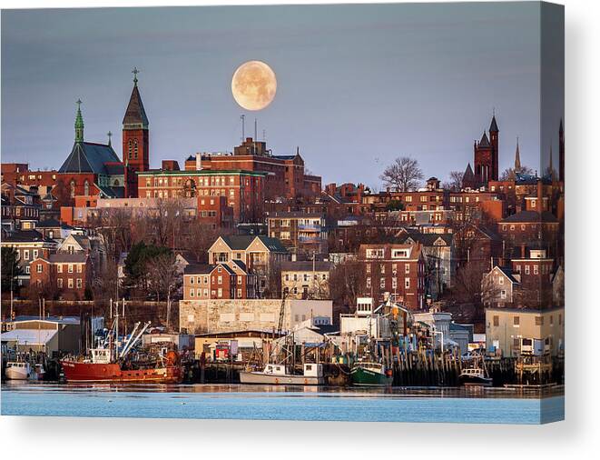 Portland Canvas Print featuring the photograph Boxing Day Moon over Portland Maine by Colin Chase