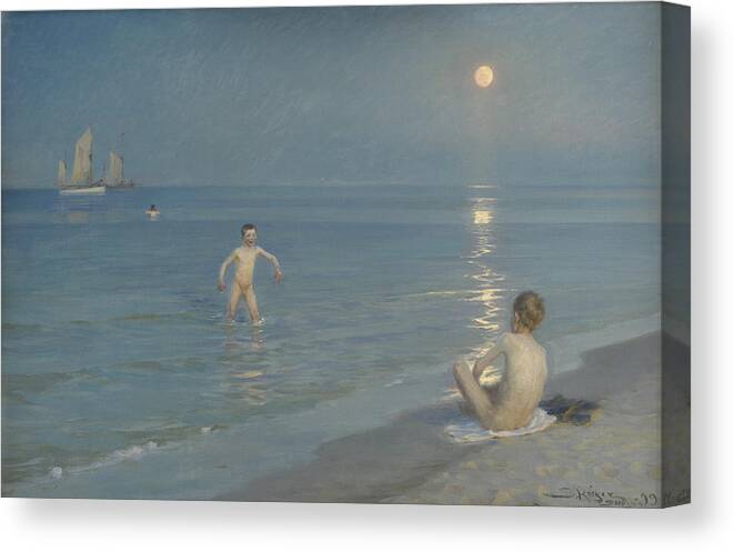 Peder Severin Kroyer Canvas Print featuring the painting Boys bathing on a summer evening at Skagen Beach by Movie Poster Prints