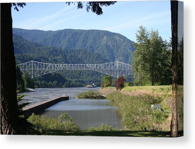Bridges Canvas Print featuring the photograph Bridge of the Gods BR-4002 by Mary Gaines