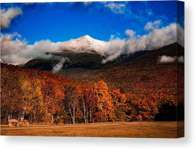 New England Fall Colors Canvas Print featuring the photograph Bright morning fall foliage at the foot of Mount Washington by Jeff Folger