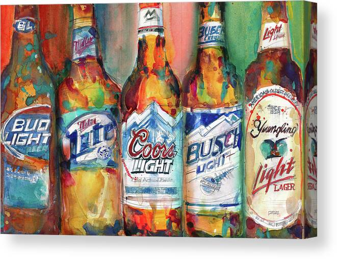 Art & Collectibles Canvas Print featuring the painting Bud light Miller Lite Coors Light Busch Light Yuengling Light Combo Beer by Dorrie Rifkin