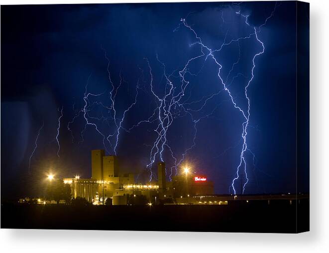 Lightning Canvas Print featuring the photograph Budweiser Brewery Storm by James BO Insogna