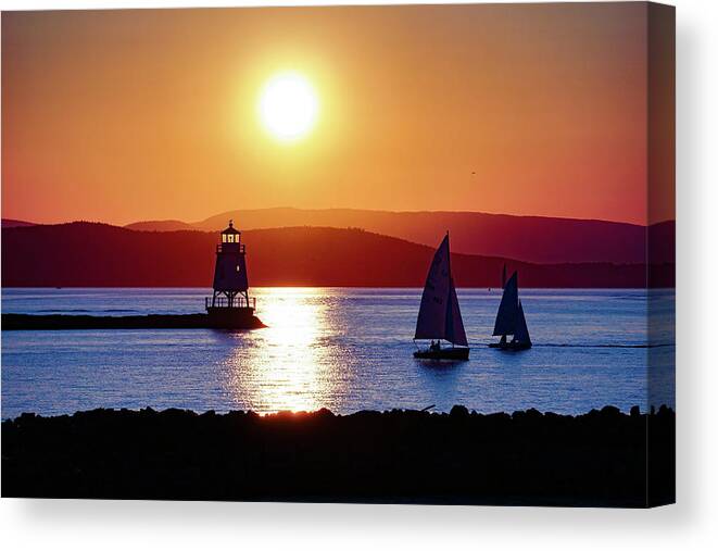 Lighthouse Canvas Print featuring the photograph Burlington Breakwater Sunset by Mark Rogers