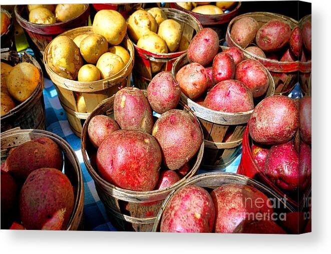 Red Canvas Print featuring the photograph Bushels of Potatoes at a Farm Market by Olivier Le Queinec