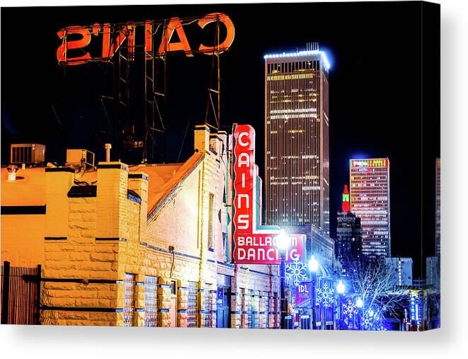 America Canvas Print featuring the photograph Cains Ballroom Music Hall and the Tulsa Skyline by Gregory Ballos