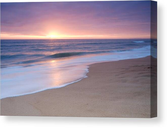 Beach Sunset Canvas Print featuring the photograph Calm Beach Waves During Sunset by Angelo DeVal