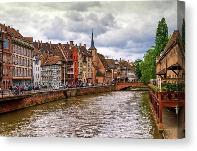Saint Canvas Print featuring the photograph Canal and Saint-Nicolas dock in Strasbourg, France by Elenarts - Elena Duvernay photo