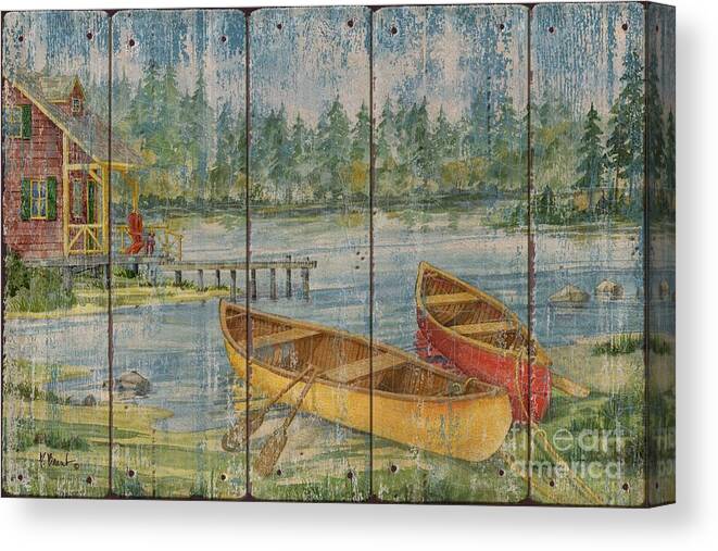 Canoe Canvas Print featuring the painting Canoe Camp with Cabin - Distressed by Paul Brent
