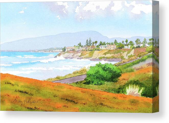 Carlsbad Coastline Canvas Print featuring the painting Carlsbad RT. 101 Sunny Day by Mary Helmreich
