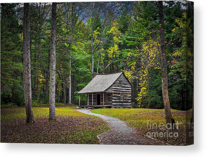 Historic Canvas Print featuring the photograph Carter Shields Cabin in Cades Cove TN Great Smoky Mountains Landscape by T Lowry Wilson