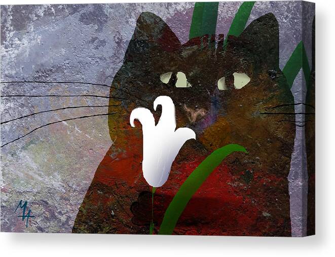 Cat Canvas Print featuring the painting Cat with Lily by Attila Meszlenyi
