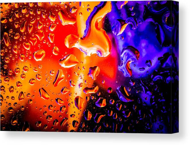 Macro Closeup Water Drops Space Orange Purple Bruce Pritchett Photography Canvas Print featuring the photograph Celestial Fusion Break by Bruce Pritchett