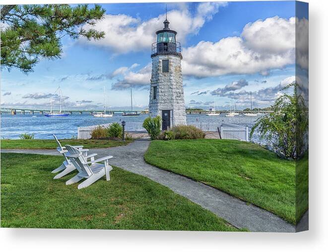 Chairs At Newport Harbor Lighthouse Canvas Print featuring the photograph Chairs At Newport Harbor Lighthouse by Brian MacLean
