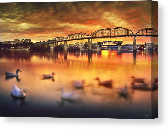 Ducks Canvas Print featuring the photograph Chattanooga Sunset with Ducks by Steven Llorca