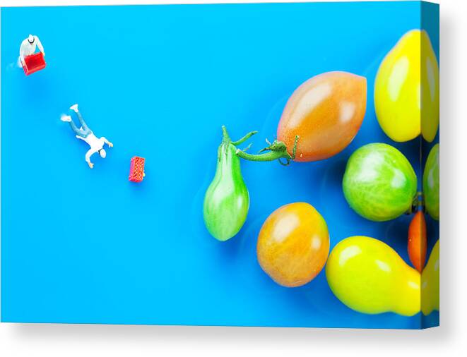 Chef Canvas Print featuring the painting Chef Tumbled In Front Of Colorful Tomatoes II Little People On Food by Paul Ge