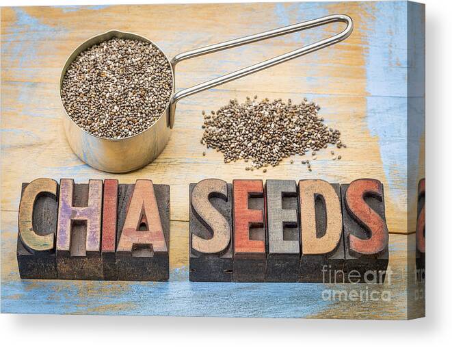 Salvia Hispanica Canvas Print featuring the photograph Chia Seeds Scoop And Typography by Marek Uliasz