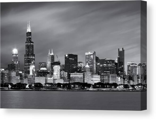 3scape Canvas Print featuring the photograph Chicago Skyline At Night Black And White by Adam Romanowicz