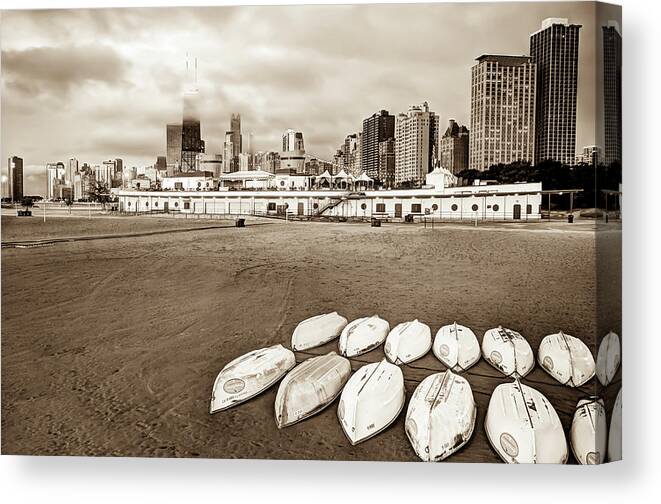 America Canvas Print featuring the photograph Chicago Skyline From the Beach - Sepia by Gregory Ballos
