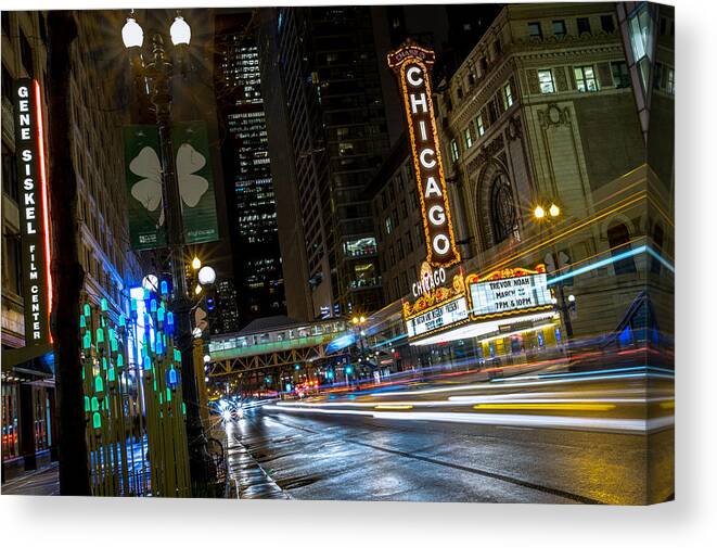 Chicago Theatre Canvas Print featuring the photograph Chicago Theatre Lightscape by Ryan Smith