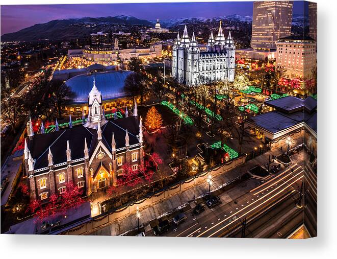 Nighttime Canvas Print featuring the photograph Christmas at Temple Square by Ryan Smith