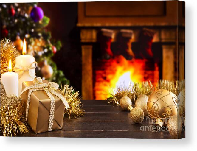 Christmas Scene With Fireplace And Christmas Tree In The Back