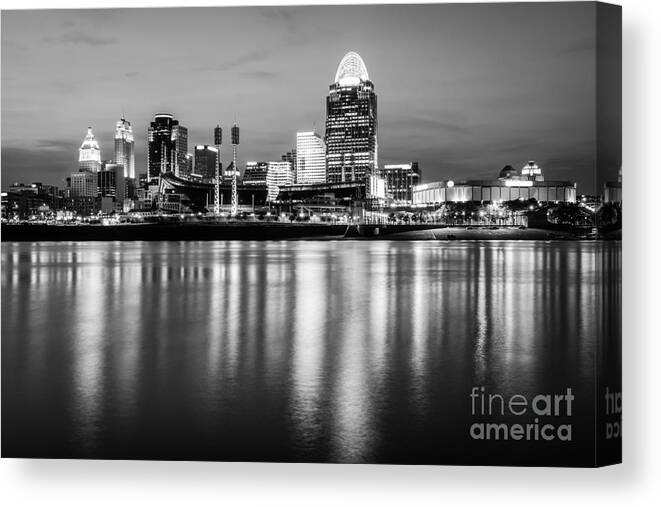 2012 Canvas Print featuring the photograph Cincinnati Night Skyline Black and White Photo by Paul Velgos